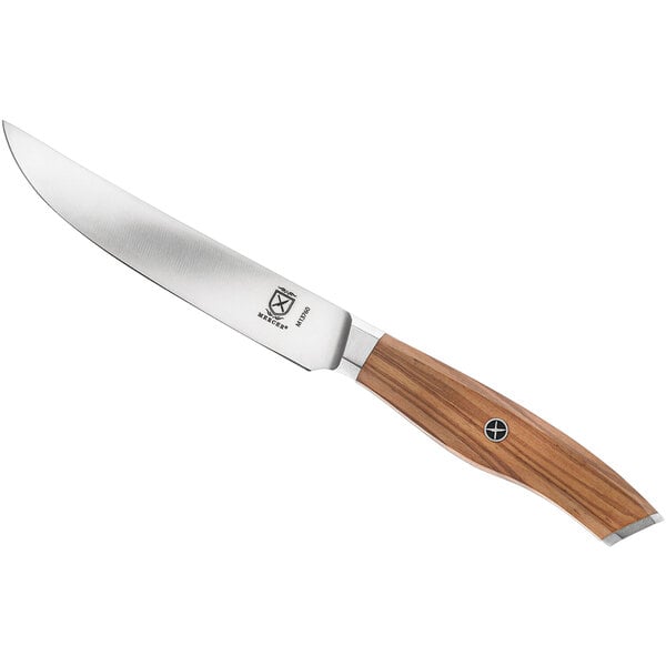 A Mercer Culinary steak knife with an olive wood handle.