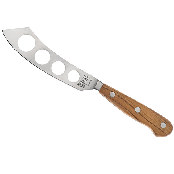 A Mercer Culinary Renaissance® soft cheese knife with an olive wood handle.