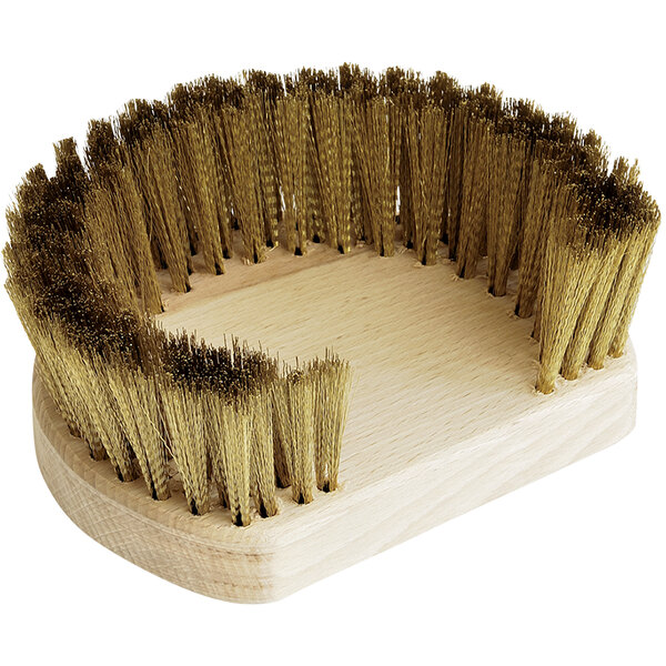 A circular wooden brush with gold bristles.