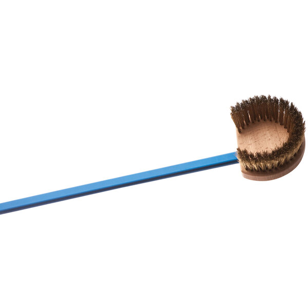 A round brush with a wooden handle and brass bristles.