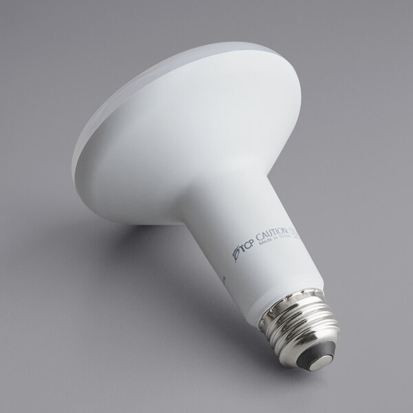 A TCP dimmable LED light bulb with a white base and white frosted cover.