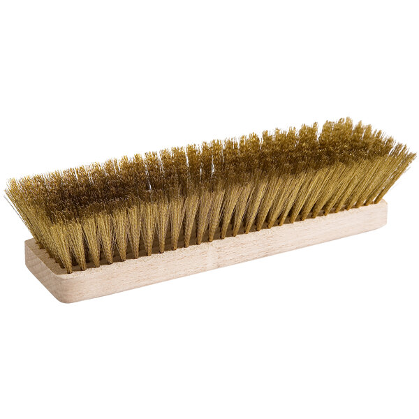 A close-up of a GI Metal brass bristle pizza oven brush head with gold bristles.
