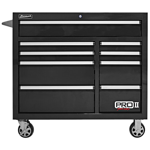 A black Homak Pro II tool cabinet with silver drawers and wheels.