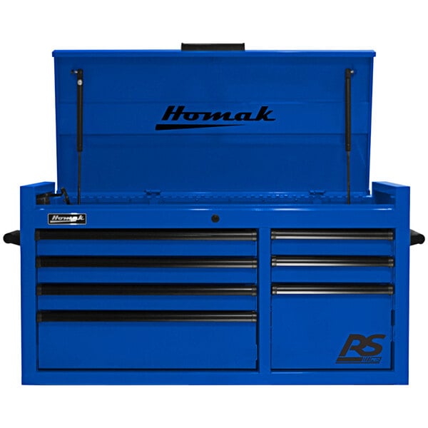 A blue Homak tool chest with black drawers and logo.