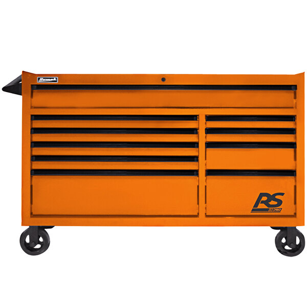 An orange Homak 10-drawer roller cabinet with black handles.