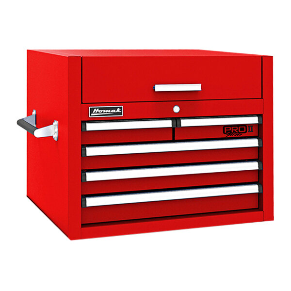A red Homak Pro II tool chest with drawers.
