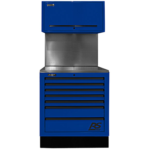 A blue Homak tool cabinet with a silver top.