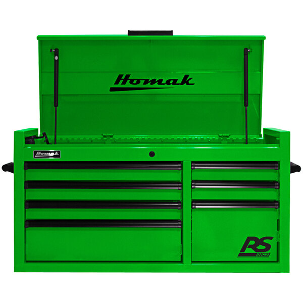A lime green Homak tool chest with two drawers and black text on the front.