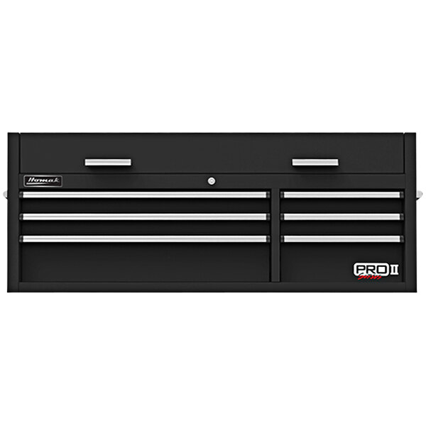 A black Homak Pro II tool chest with six drawers and silver handles.