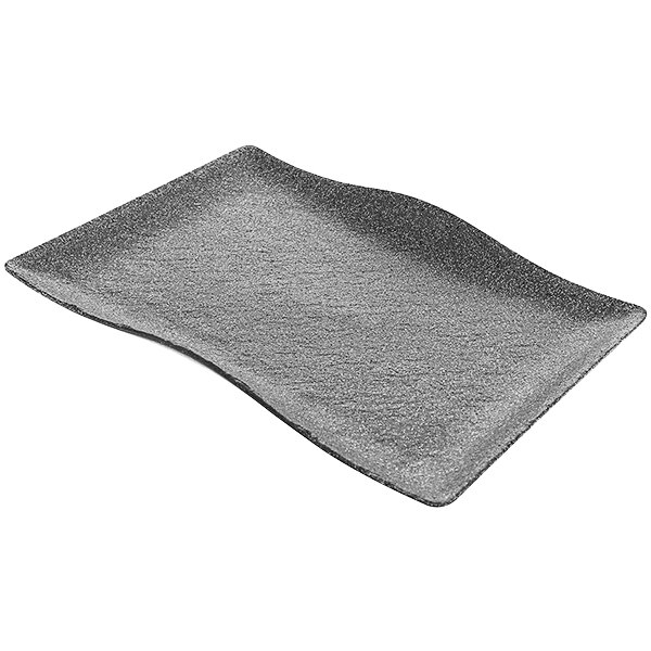 A rectangular stone grey Cheforward melamine platter with a curved edge.
