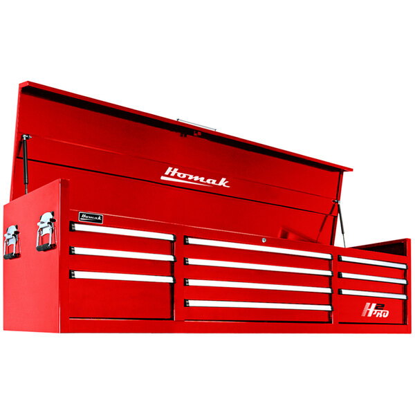 A red Homak tool chest with drawers.