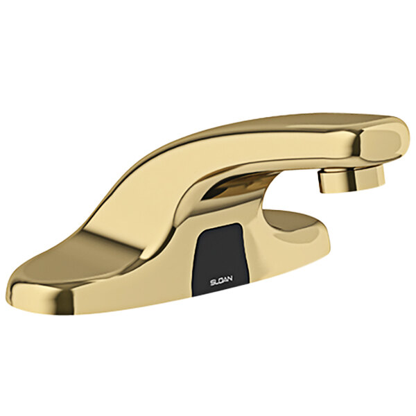 A Sloan polished brass hands-free faucet with a black integrated base.