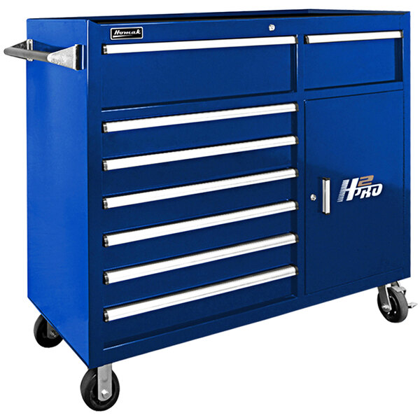 A blue Homak tool cabinet with drawers and wheels.