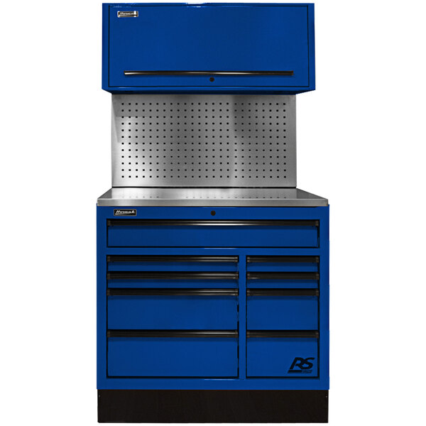 A blue Homak tool cabinet with drawers and a silver metal backboard.