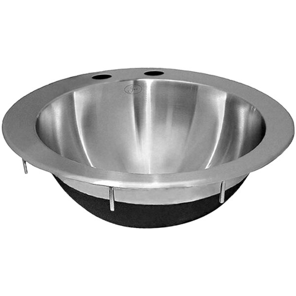 A silver stainless steel Just Manufacturing round drop-in sink with a black rim and two faucet holes.