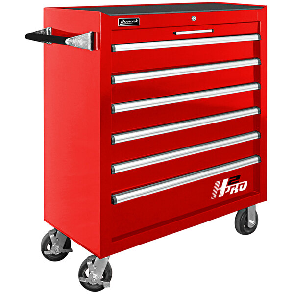 A red Homak 6-drawer roller cabinet for tools with wheels.
