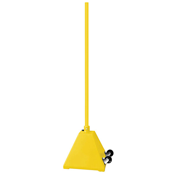 A yellow plastic pyramid sign base with a steel pole and a black handle.