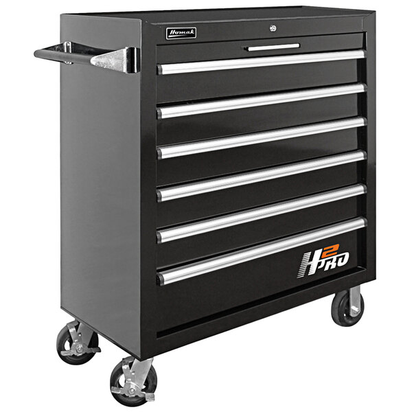 A black Homak tool cabinet with six drawers on wheels.