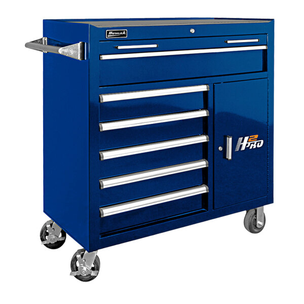 A blue Homak 6-drawer tool cabinet on wheels.