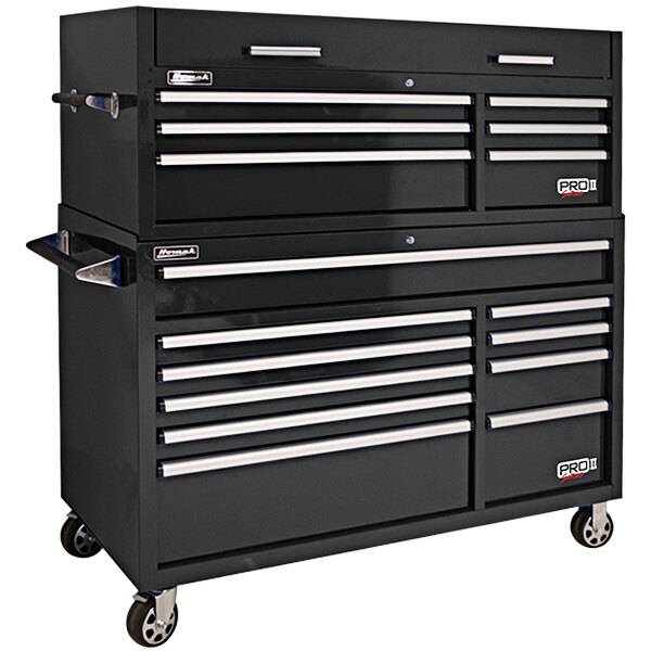 A black Homak Pro II roller cabinet with 10 drawers on wheels.