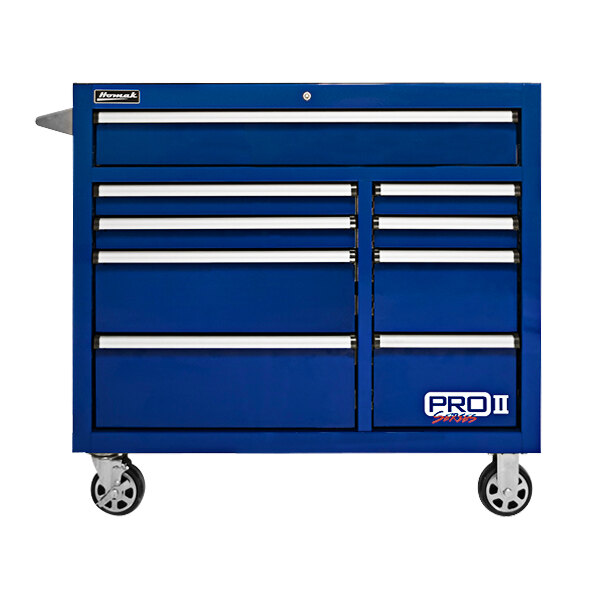 A blue Homak Pro II tool cabinet on wheels with drawers and white handles.