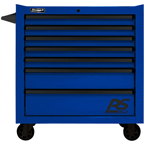 A blue Homak tool cabinet with black handles and wheels.