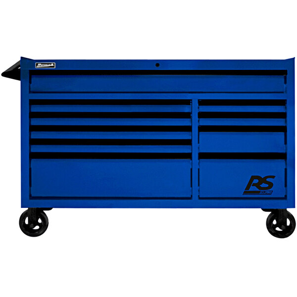 A blue Homak roller cabinet for tools with black wheels.