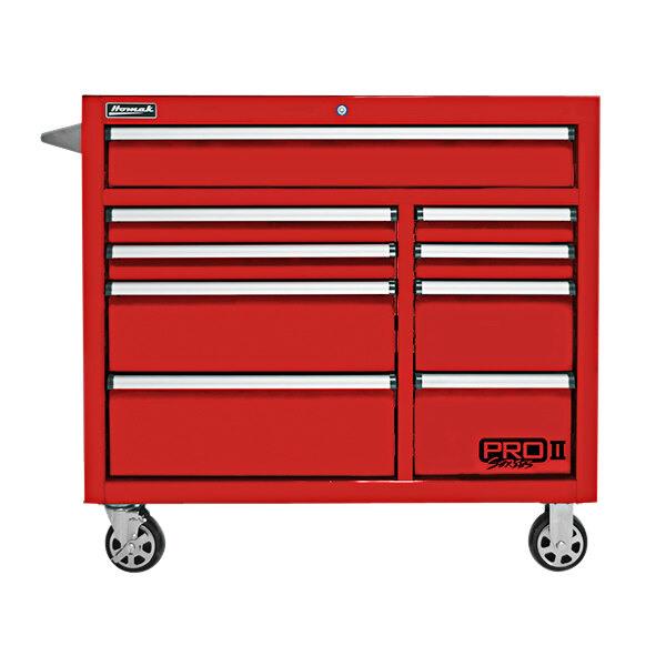 A red Homak Pro II 9-drawer tool chest on wheels.