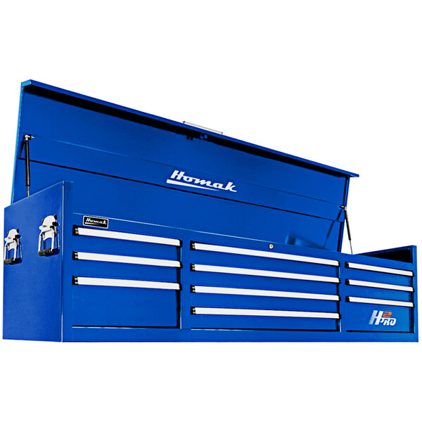 A blue Homak tool box with drawers and white lettering.