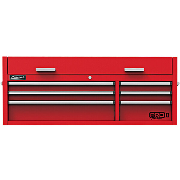 A red Homak Pro II top chest with 6 drawers and silver handles.