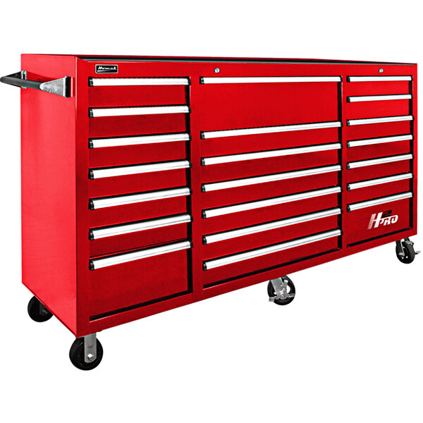 A red Homak tool cabinet with drawers on wheels.