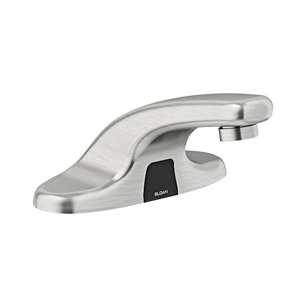 A silver Sloan Optima deck-mounted faucet with a black button.