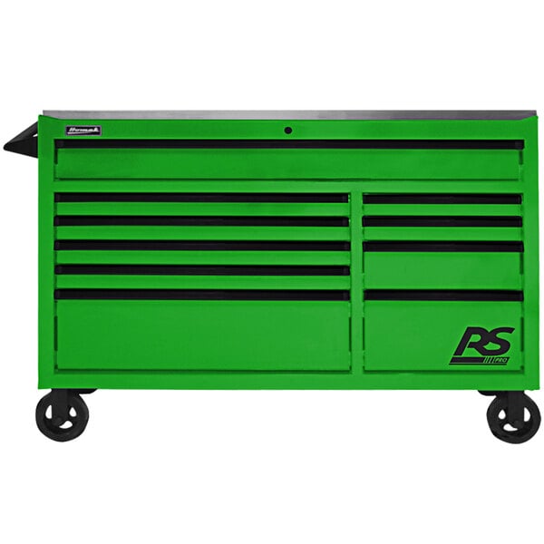 A lime green Homak roller cabinet with stainless steel top and black handles on wheels.