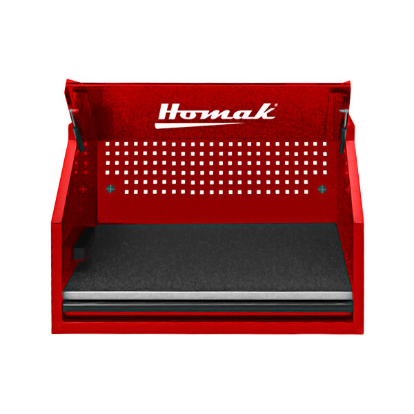 A red Homak RS Pro tool hutch with a black handle.