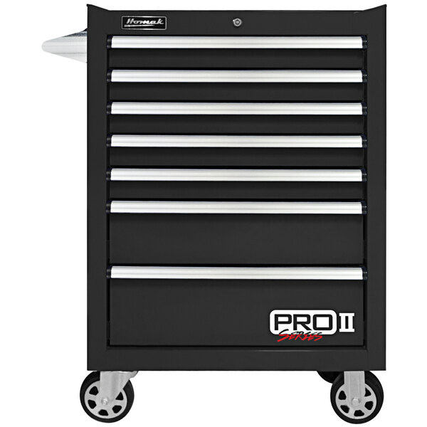 A black Homak Pro II roller cabinet with silver drawers and wheels.
