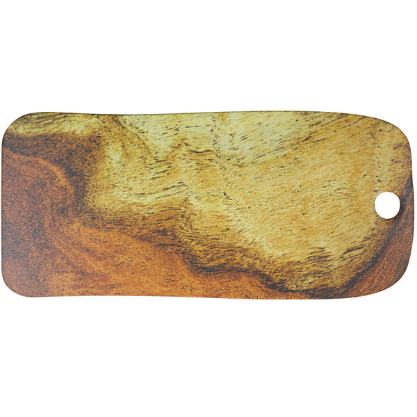 A cheforward mango wood melamine serving board with a wood grain design and a hole.