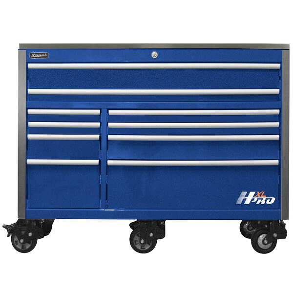 A blue Homak tool cabinet with wheels and drawers.
