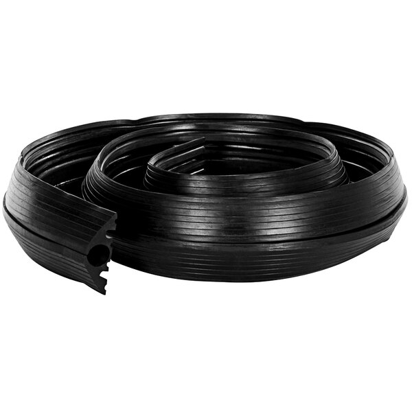 A black coiled Vestil rubber cord protector with a broken end.