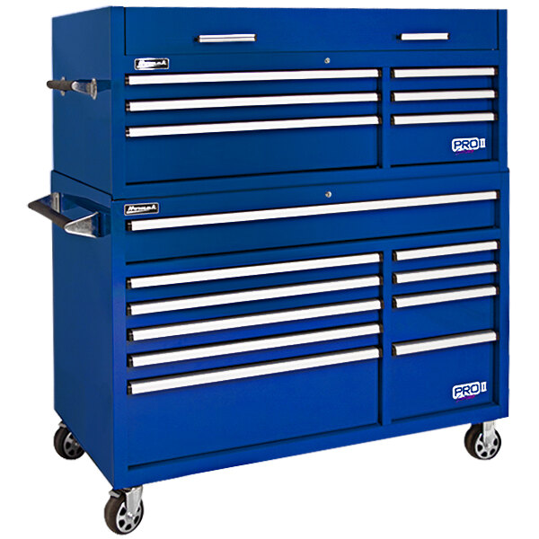 A blue Homak Pro II 10-drawer roller cabinet for tools.