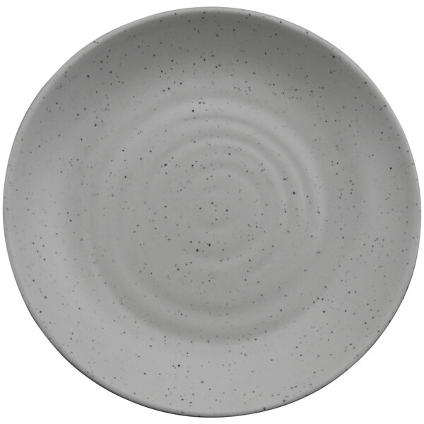 A stone grey melamine plate with a spiral pattern on it.