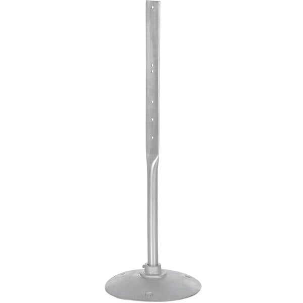 A Vestil steel sign stand with a round metal base and a metal pole.