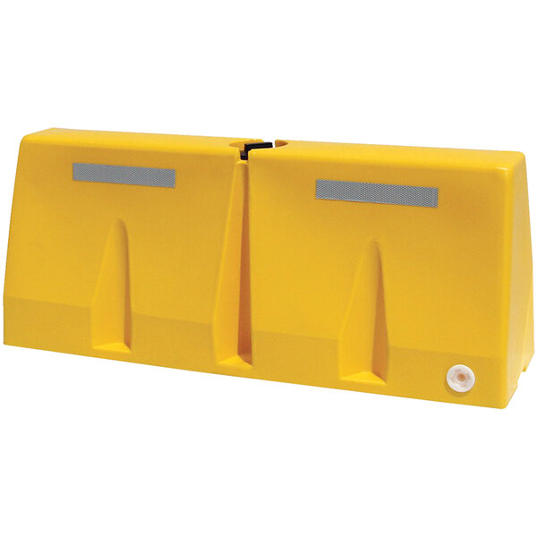 A yellow Vestil polyethylene traffic barrier with two sides.