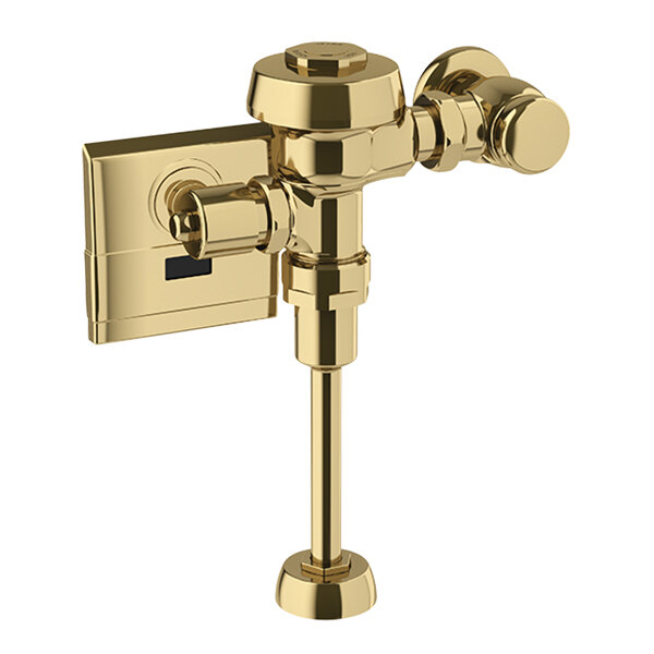 A gold Sloan Royal hardwired urinal flusher.