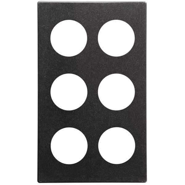 A black rectangular Vollrath Miramar adapter plate with white circles over four holes.