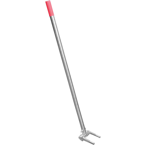 A long metal pole with a red handle.