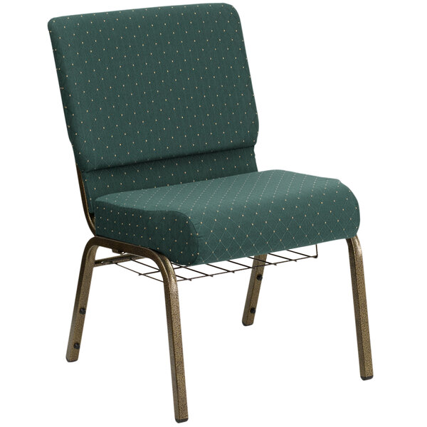 A Flash Furniture Hunter Green church chair with a gold metal frame.