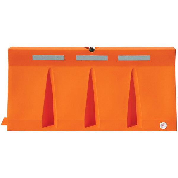 An orange Vestil polyethylene traffic barrier with three compartments.