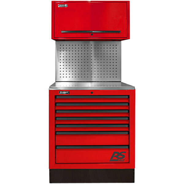 A red Homak tool cabinet with drawers and a metal tool board.
