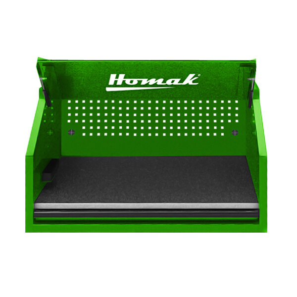 A lime green Homak tool hutch with a black shelf.
