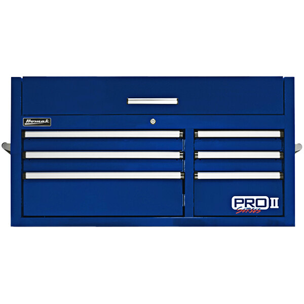A blue Homak tool chest with four drawers.